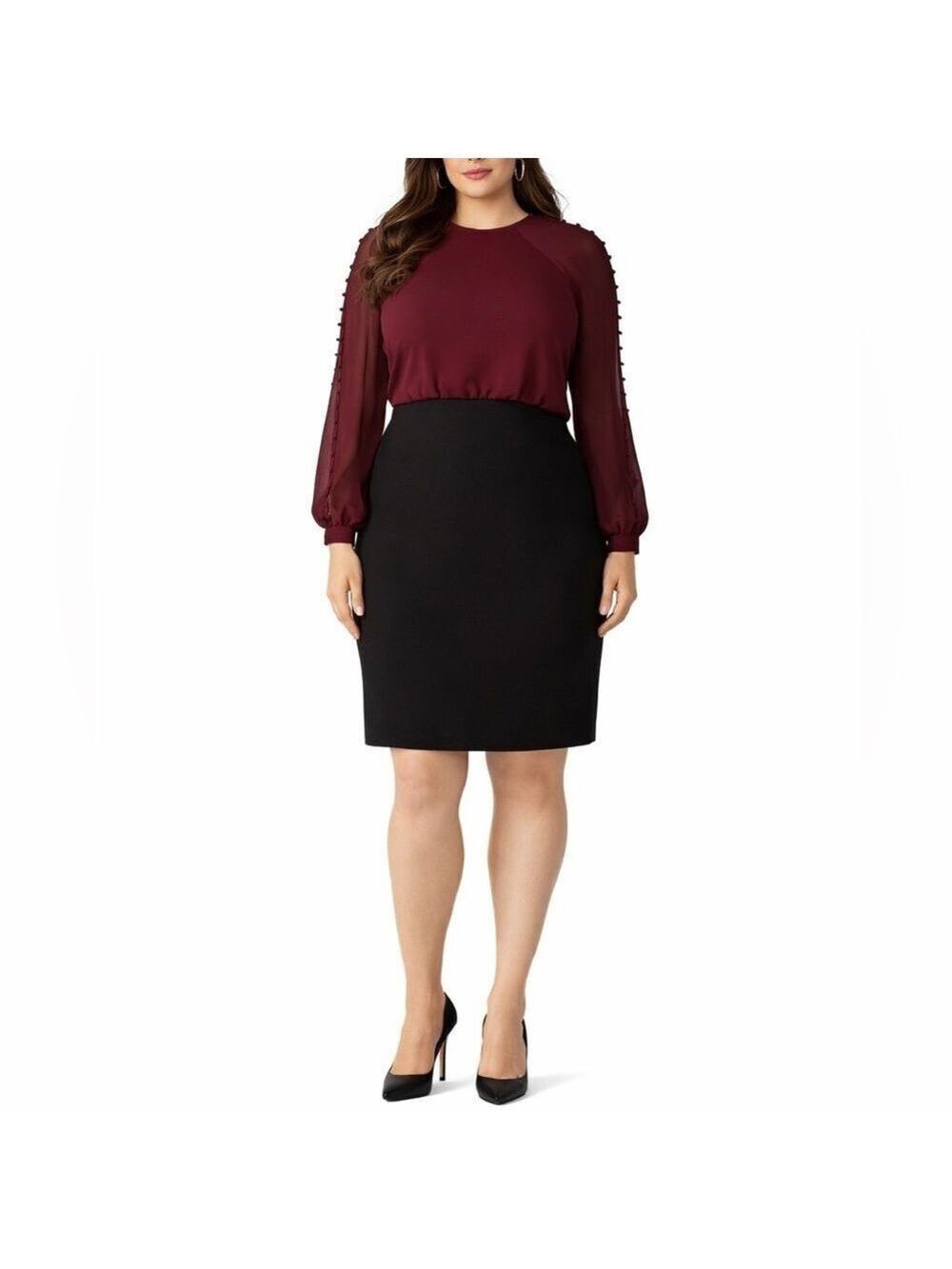 Badgley Mischka Burgundy Chiffon Long Sleeve Black Crepe Event Dress size 20